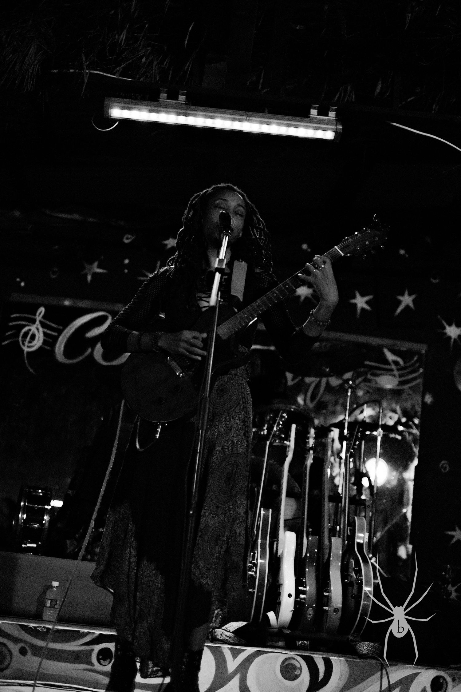 Black and white concert photo of musician performing with guitar and microphone on dark stage.