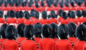 Guardsmen marching on the Square at Trooping the Colour.