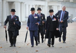 The King walking in Bolwer hat towards the Guards Museum, Wellington Baracks.