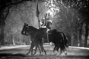 HCMR Blues and Royals walk across Hyde Park early morning from Knightsbridge Barracks.