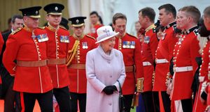 HM Queen visits Coldstream Guards during the presentation of Colours.