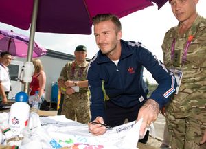 David Beckham meets the troops working at Olympic Park.