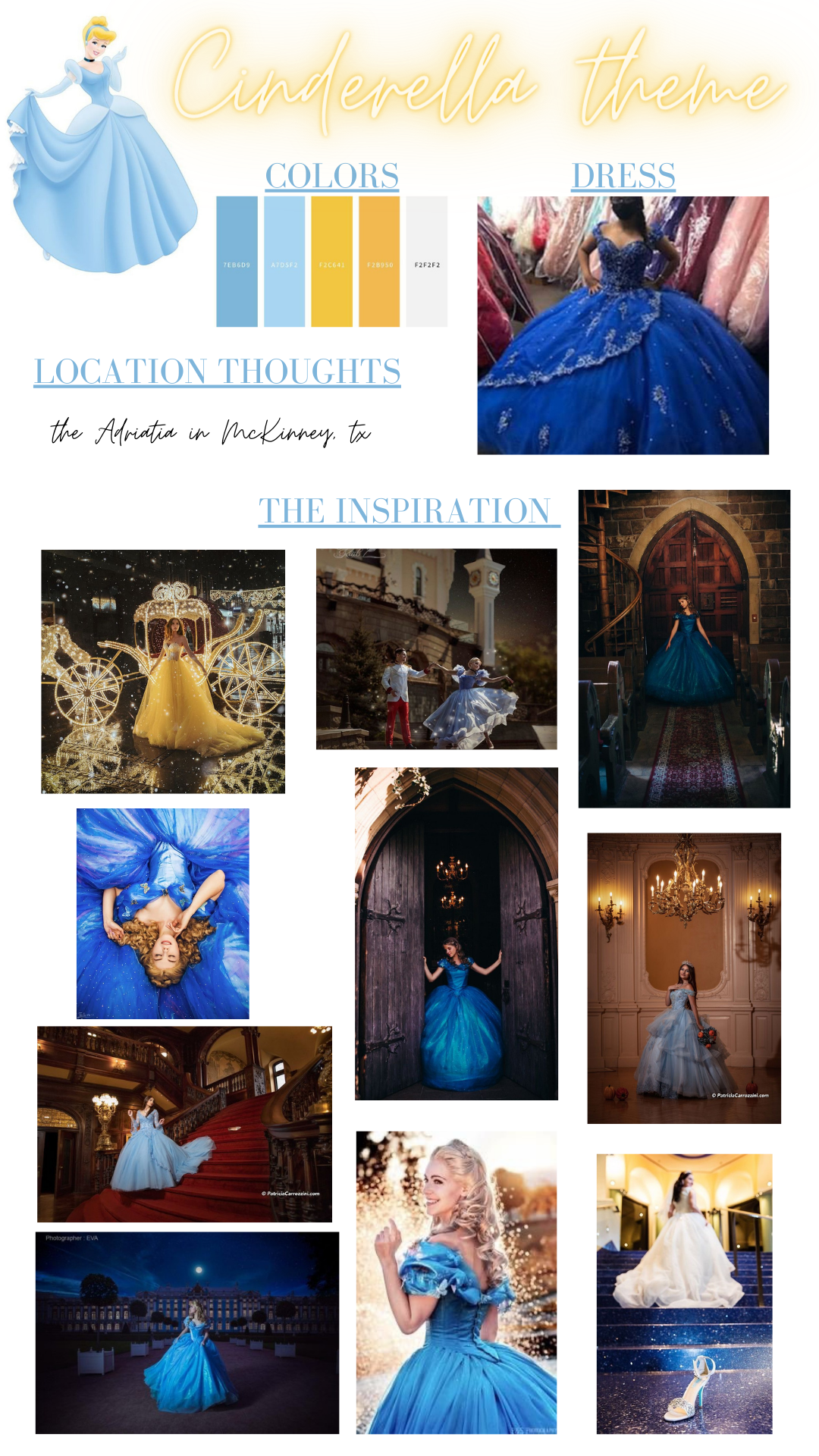 Cinderella themed photo shoot mood board with blue ball gowns and castle settings.