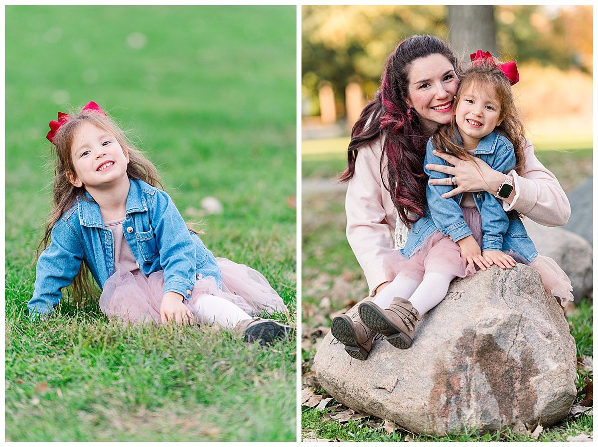 Mother and daughter pose for cute fall portrait with matching outfits during family photo session in Holliday Park