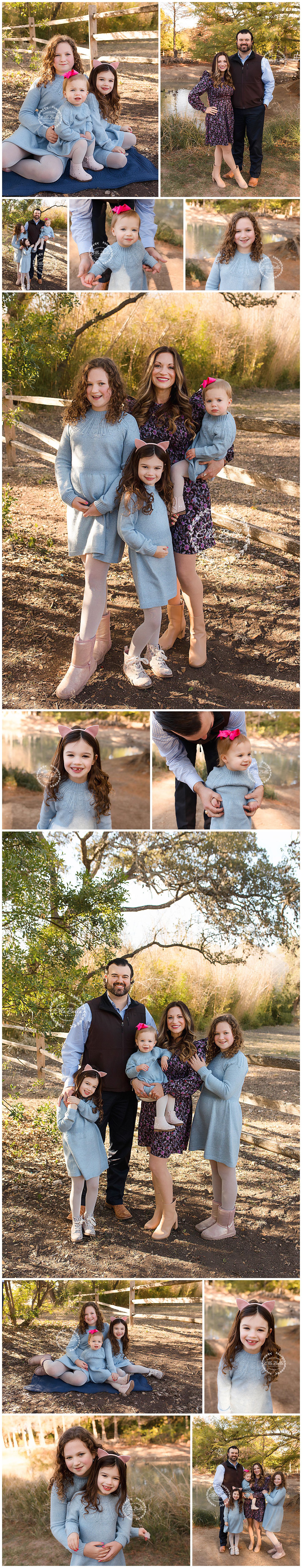 Family photo collection featuring coordinated outfits in natural outdoor setting at sunset.