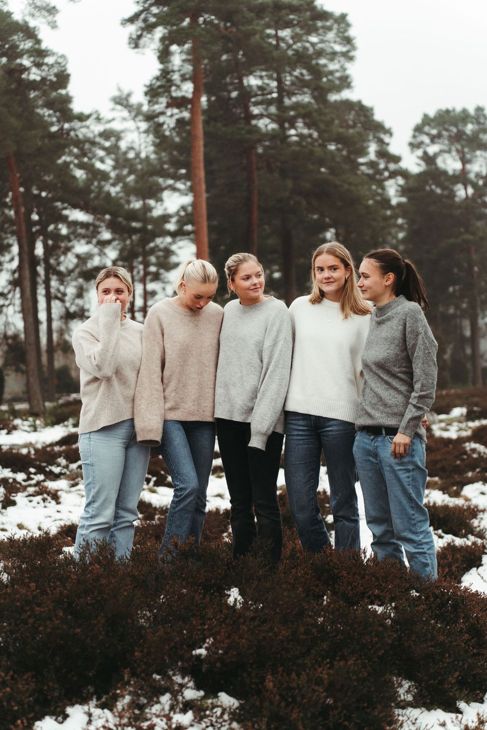 A group of people wearing cozy sweaters stand together on snowy ground with tall pine trees in the background.