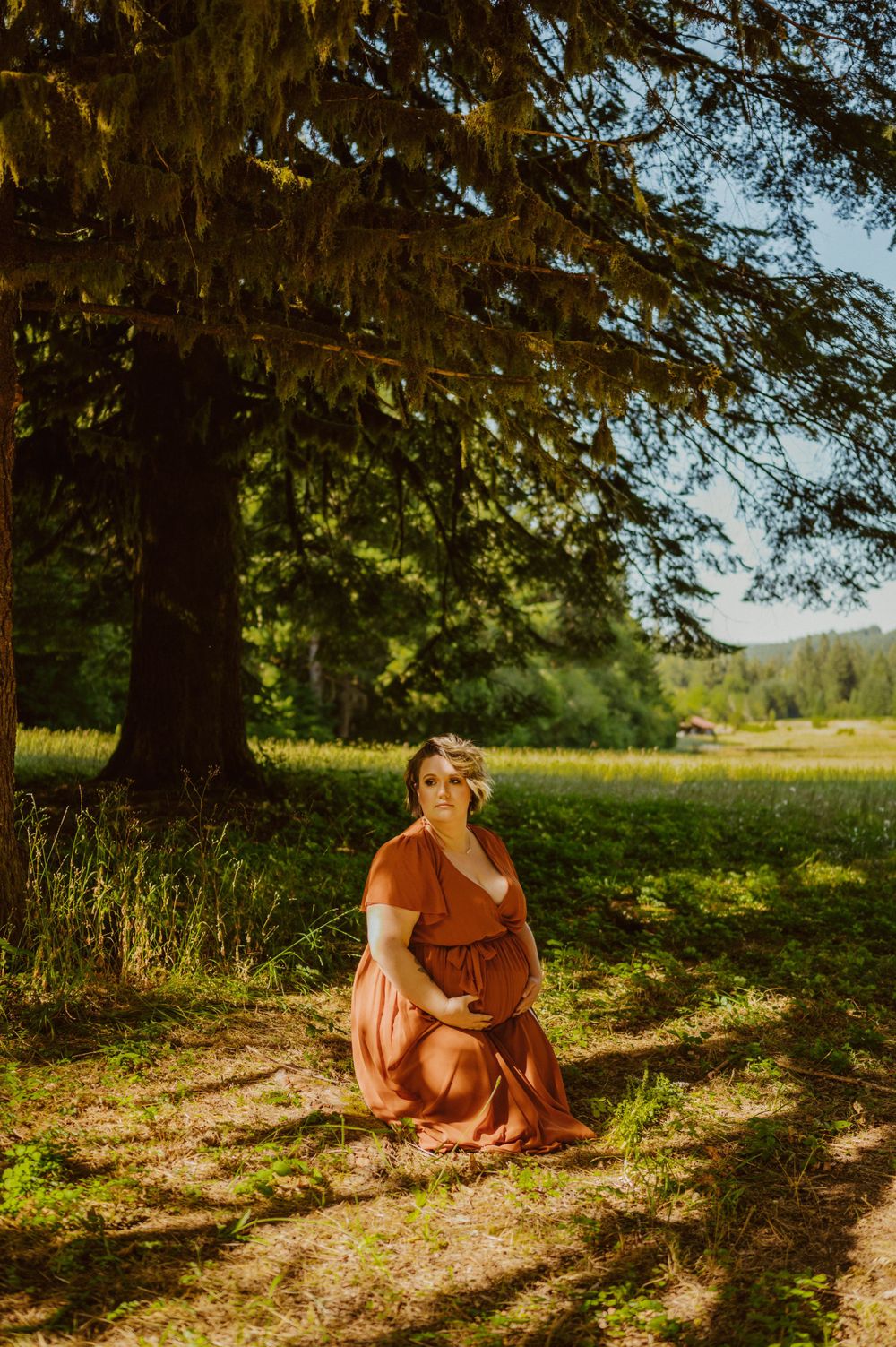 Sunlit outdoor portrait session under a large evergreen tree.