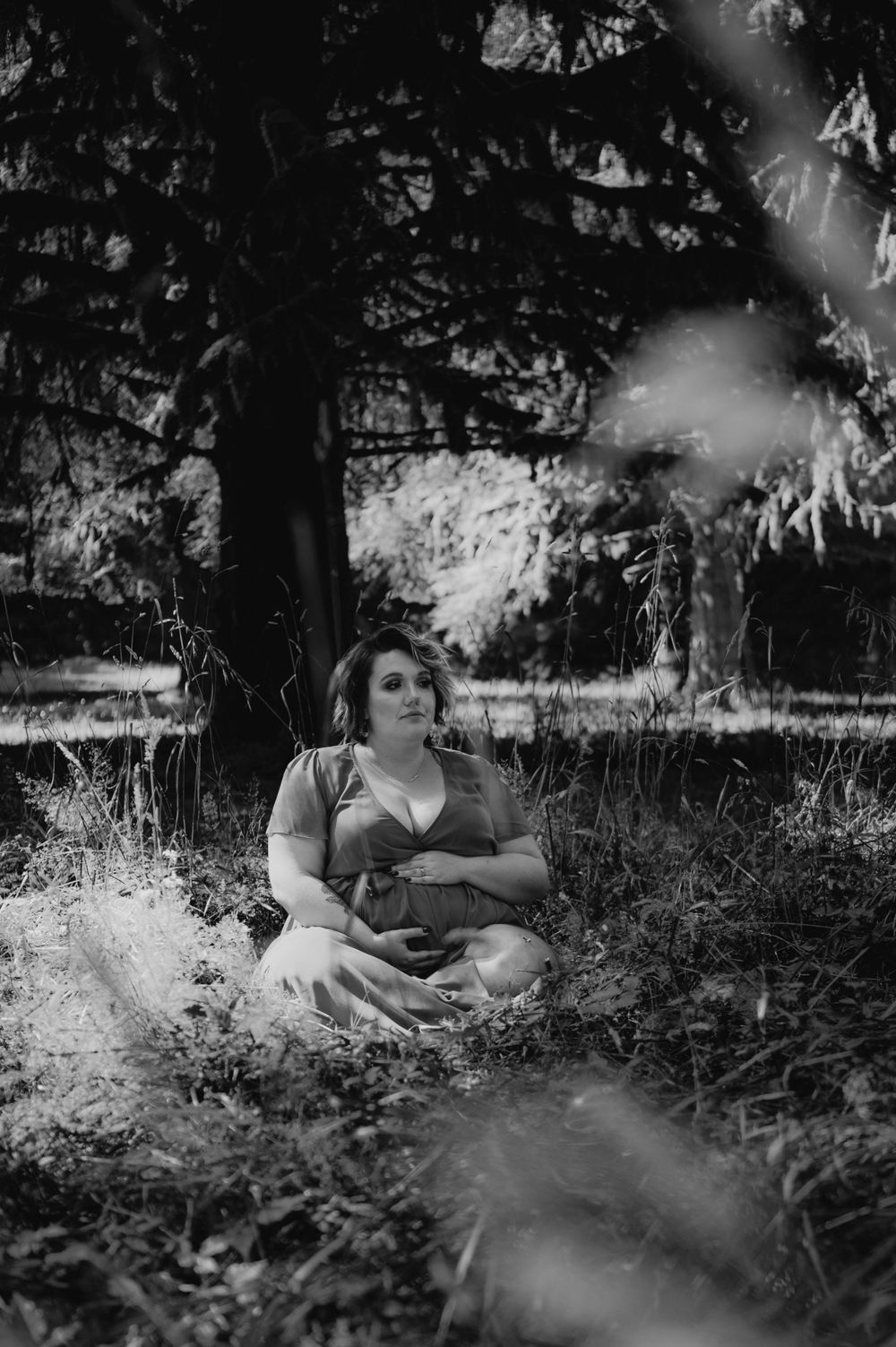 Artistic black and white photography capturing serene moments in a garden setting.
