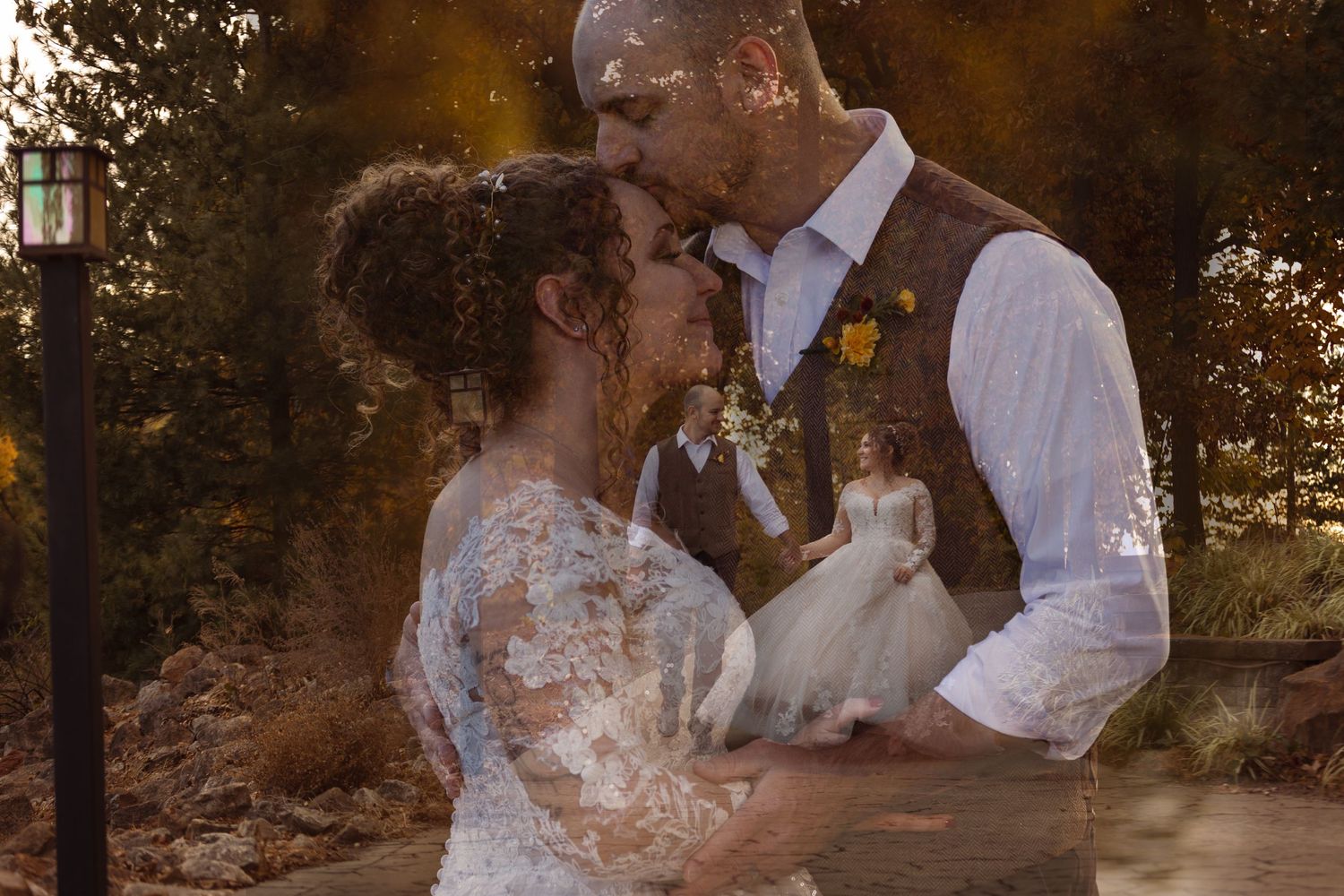 A moody and contrasty double exposure image of a bride and groom on their wedding day.