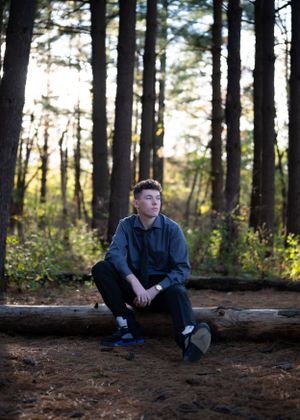 Person in blue jacket sits on fallen log in moody forest setting.