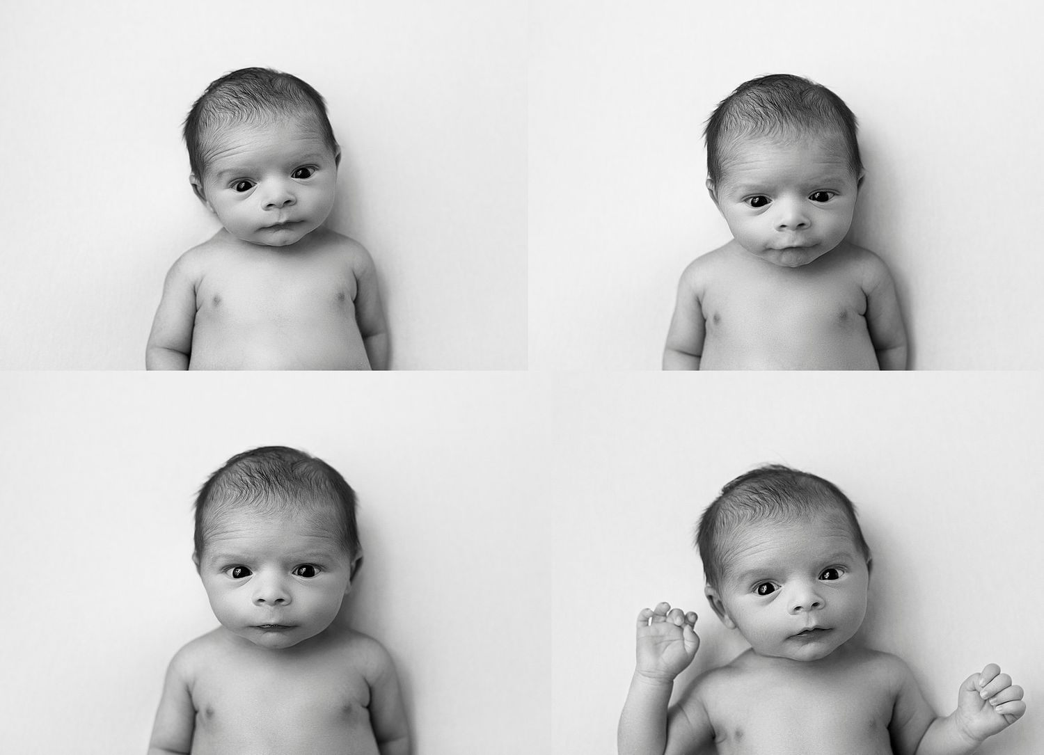 Four-frame series of baby expressions in black and white against white background.