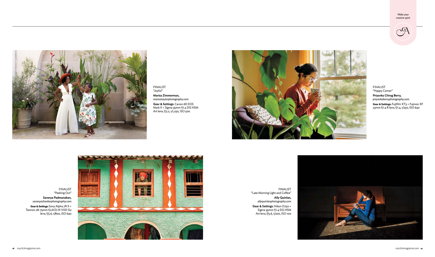 A magazine spread featuring four lifestyle photography scenes with diverse subjects in vibrant, colorful settings.
