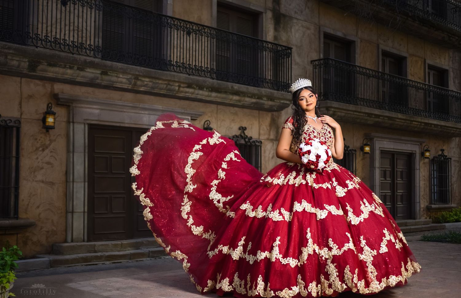 quinceanera photography session in red and gold dress fort worth dallas texas fotolilly photography