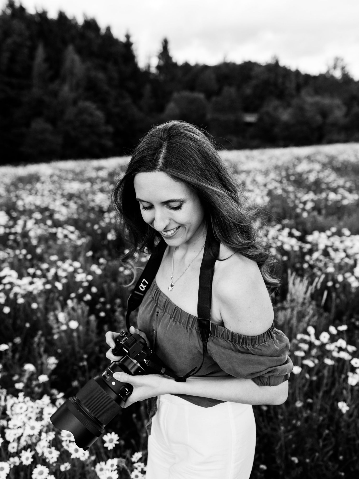 A black and white photo of someone checking their camera settings while standing among blooming daisies.