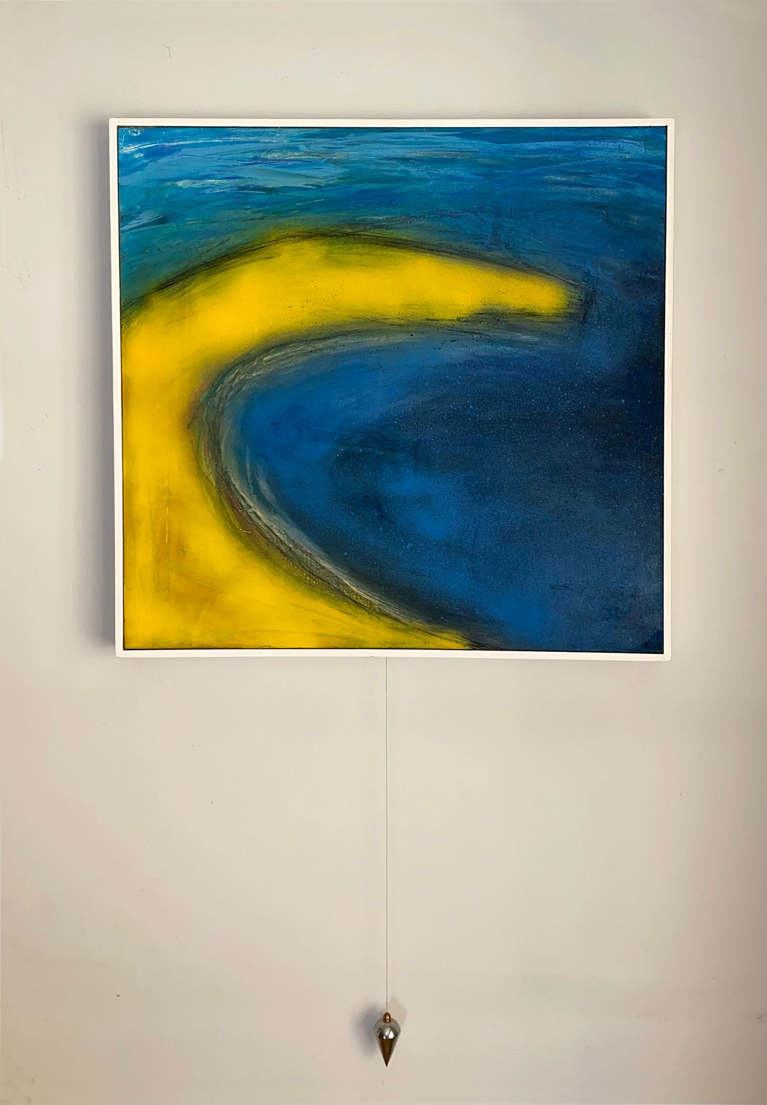 'Sea State I' mixed media painting on canvas with a plumbob. Blue and yellow beach landscape.