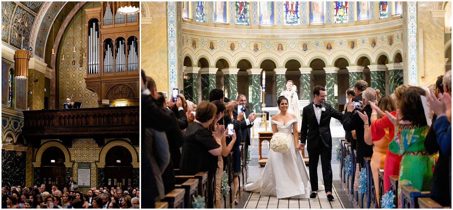 Wedding ceremony captured from multiple angles in historic cathedral with gathered guests.