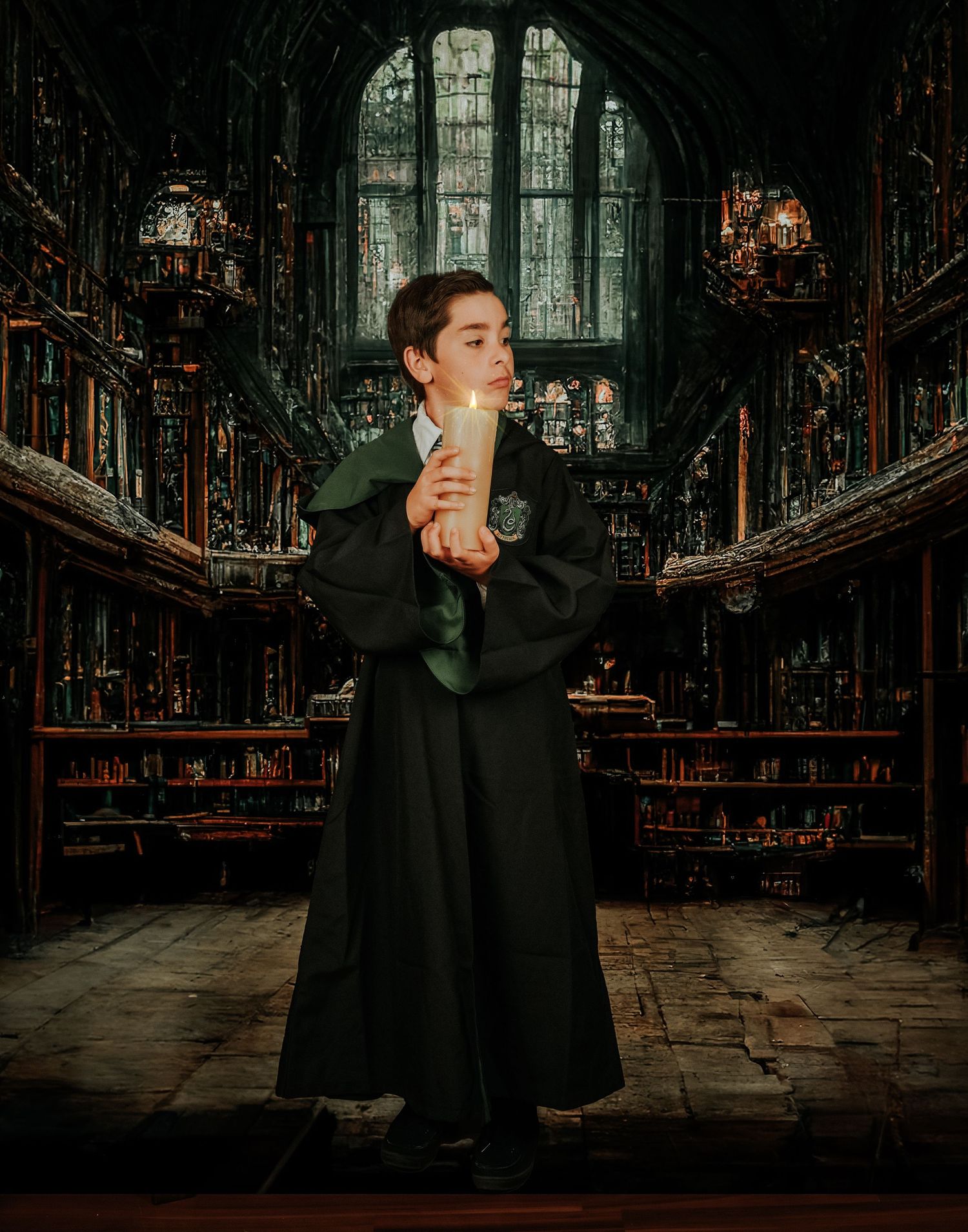 A magical library scene with gothic architecture and glowing potion in dark atmospheric lighting.