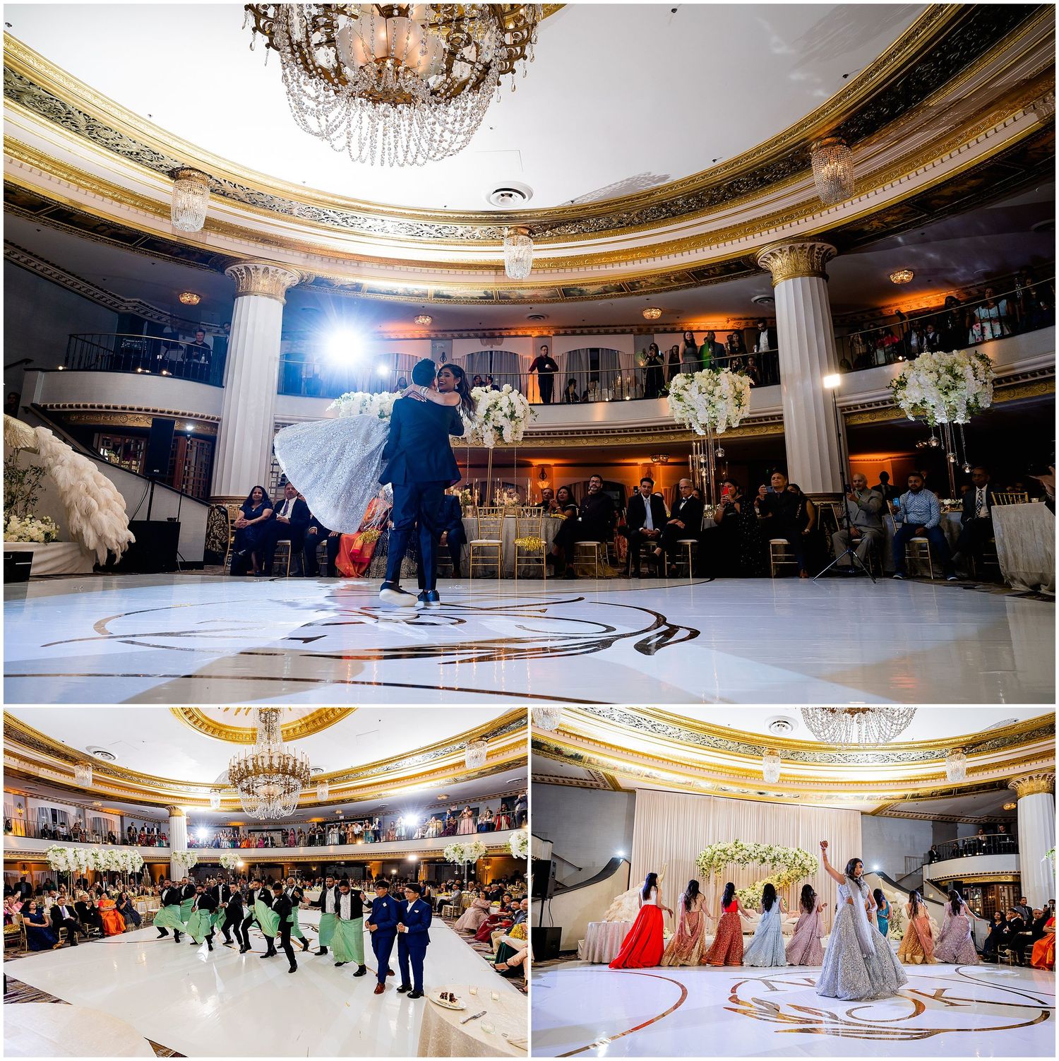 Grand ballroom wedding celebration with circular dance floor and ornate gold ceiling details.
