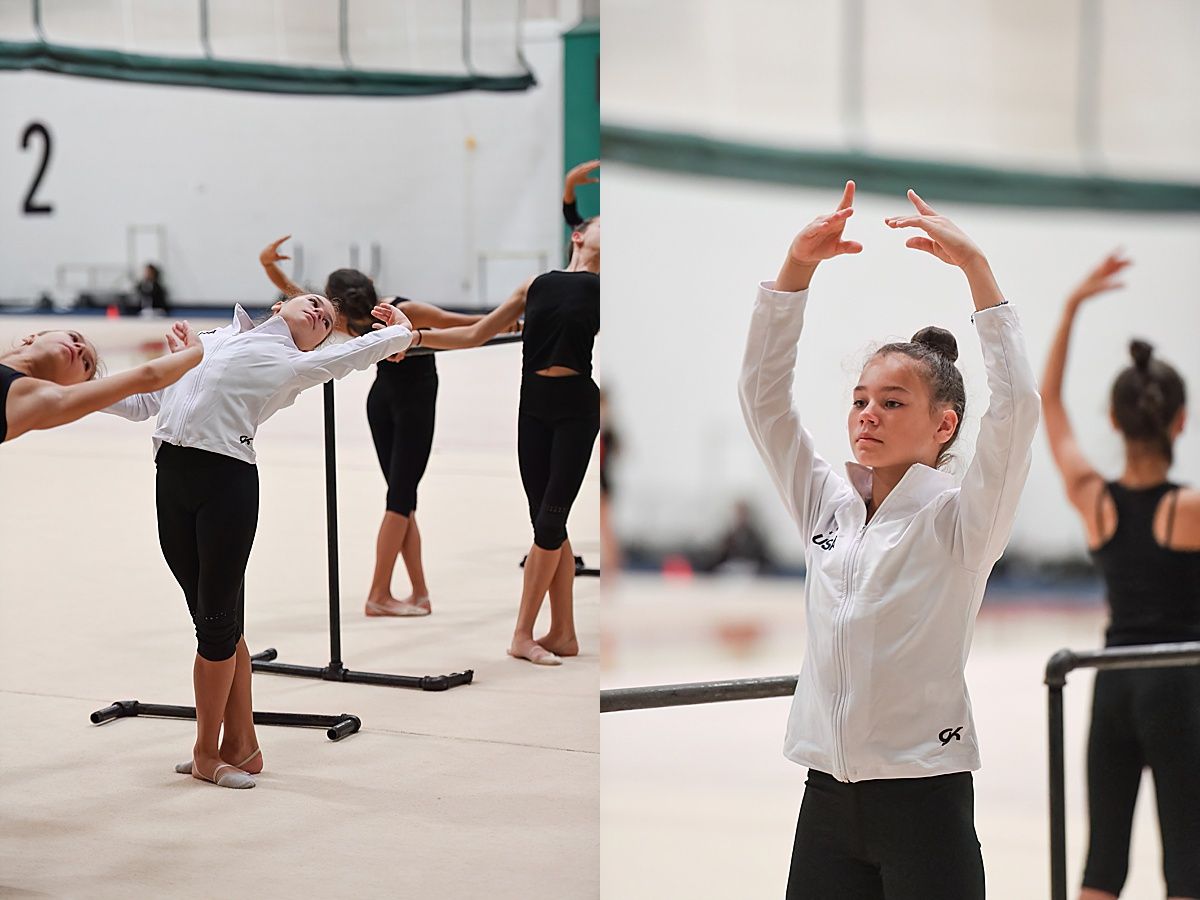 Rhythmic gymnast photographs of ballet barre