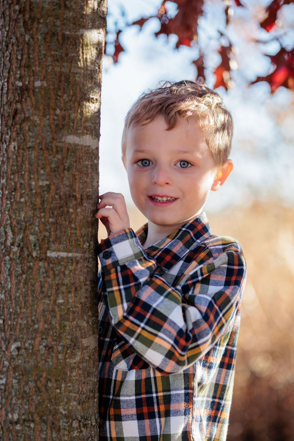 Young child in plaid shirt posing against tree trunk with autumn leaves in background.