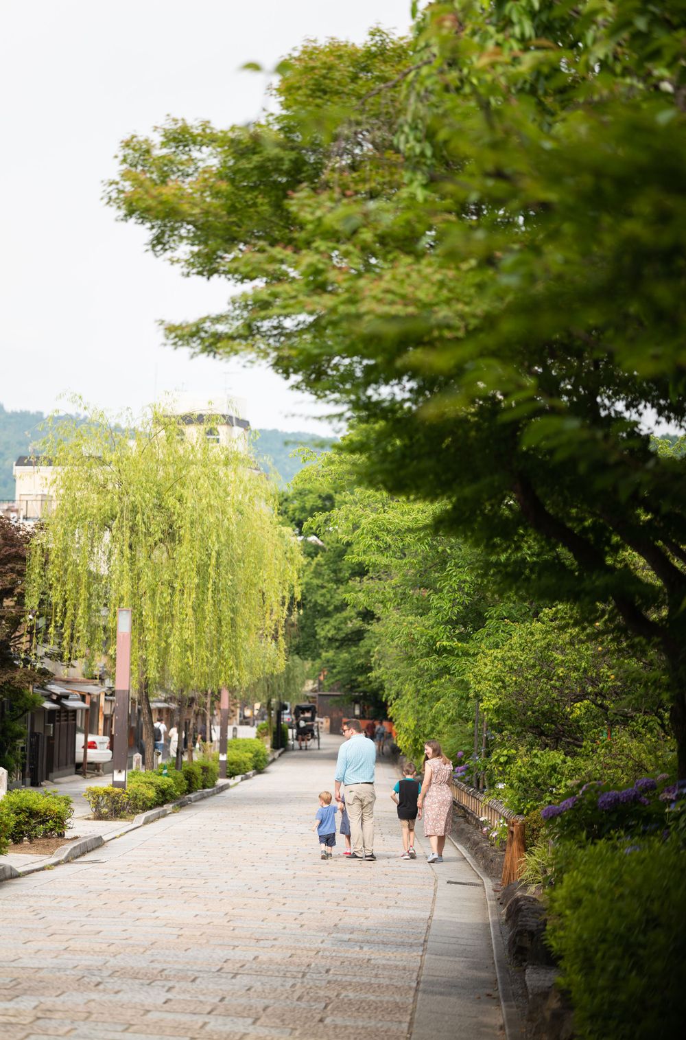 Family walking along a tree-lined cobblestone street in a traditional Japanese neighborhood.