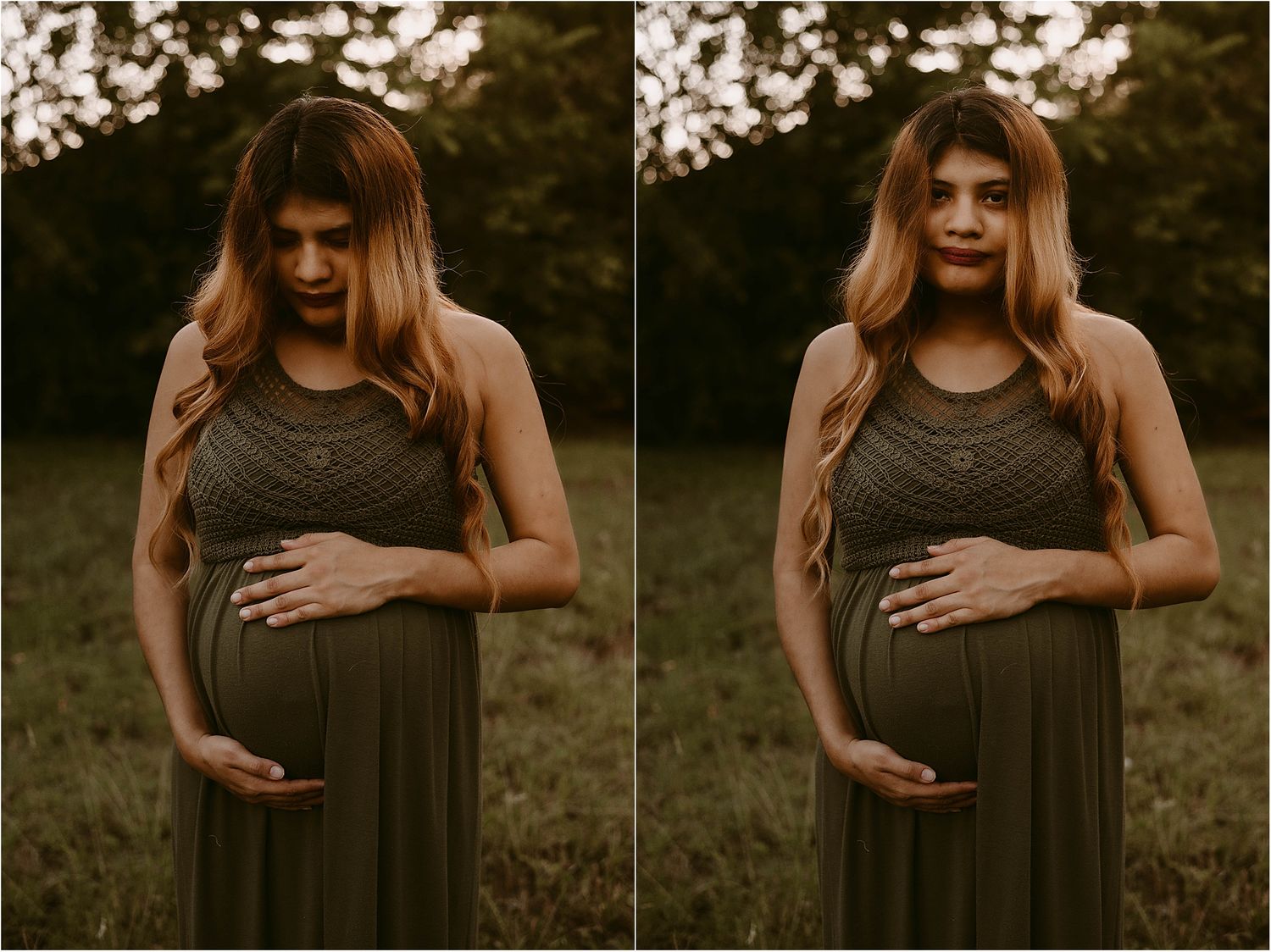 Artistic maternity photos showing side-by-side poses in olive dress at golden hour.