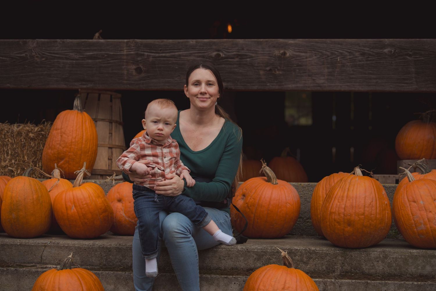 Mom and son photo at a pumpkin patch, Skagit Valley