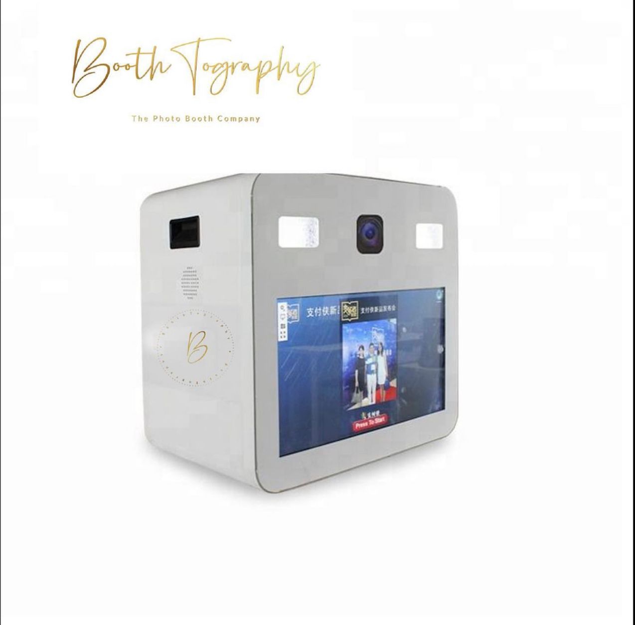 Modern photo booth kiosk with a digital display screen in sleek gray casing.