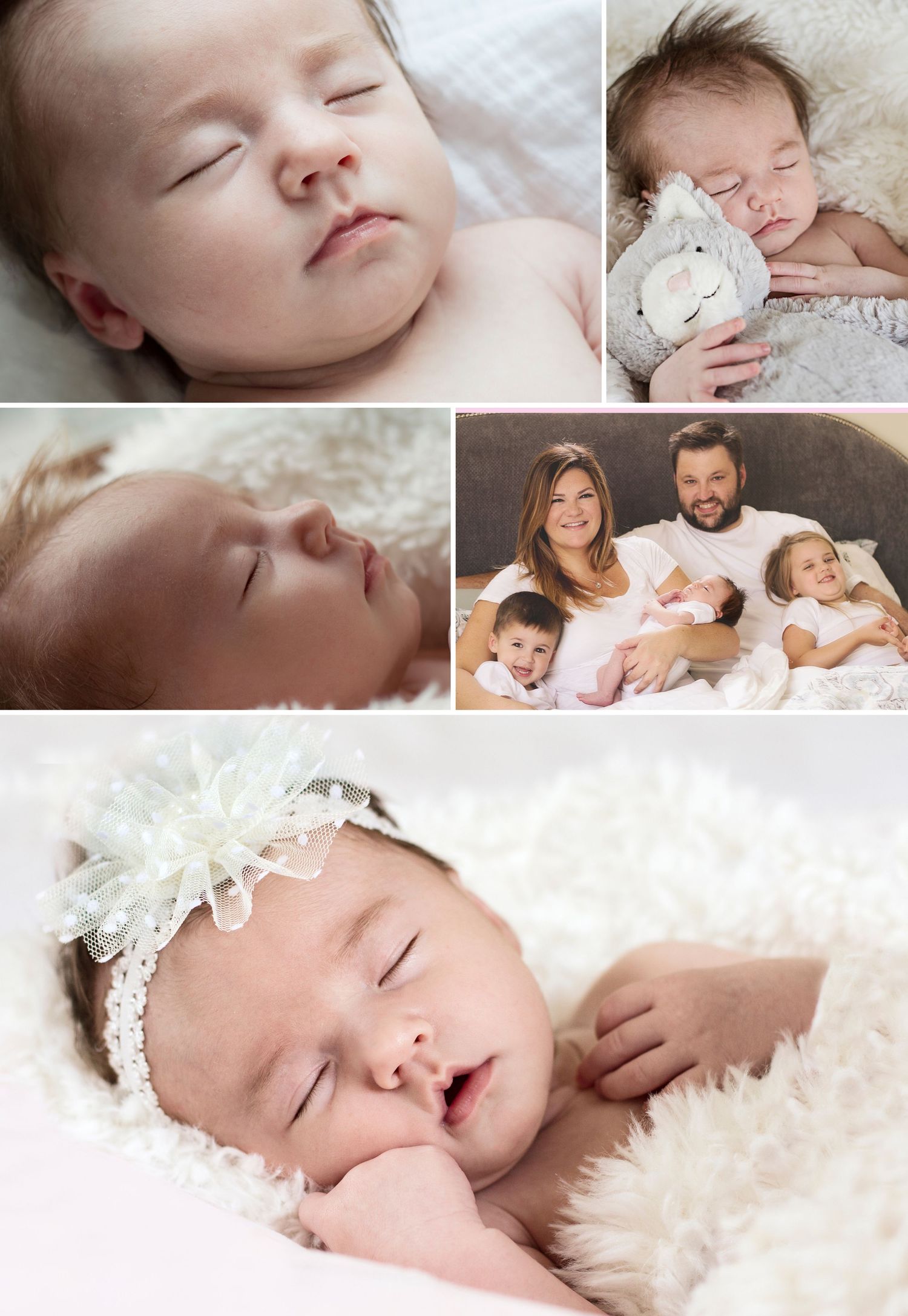 Collection of peaceful sleeping baby portraits on white lace bedding.