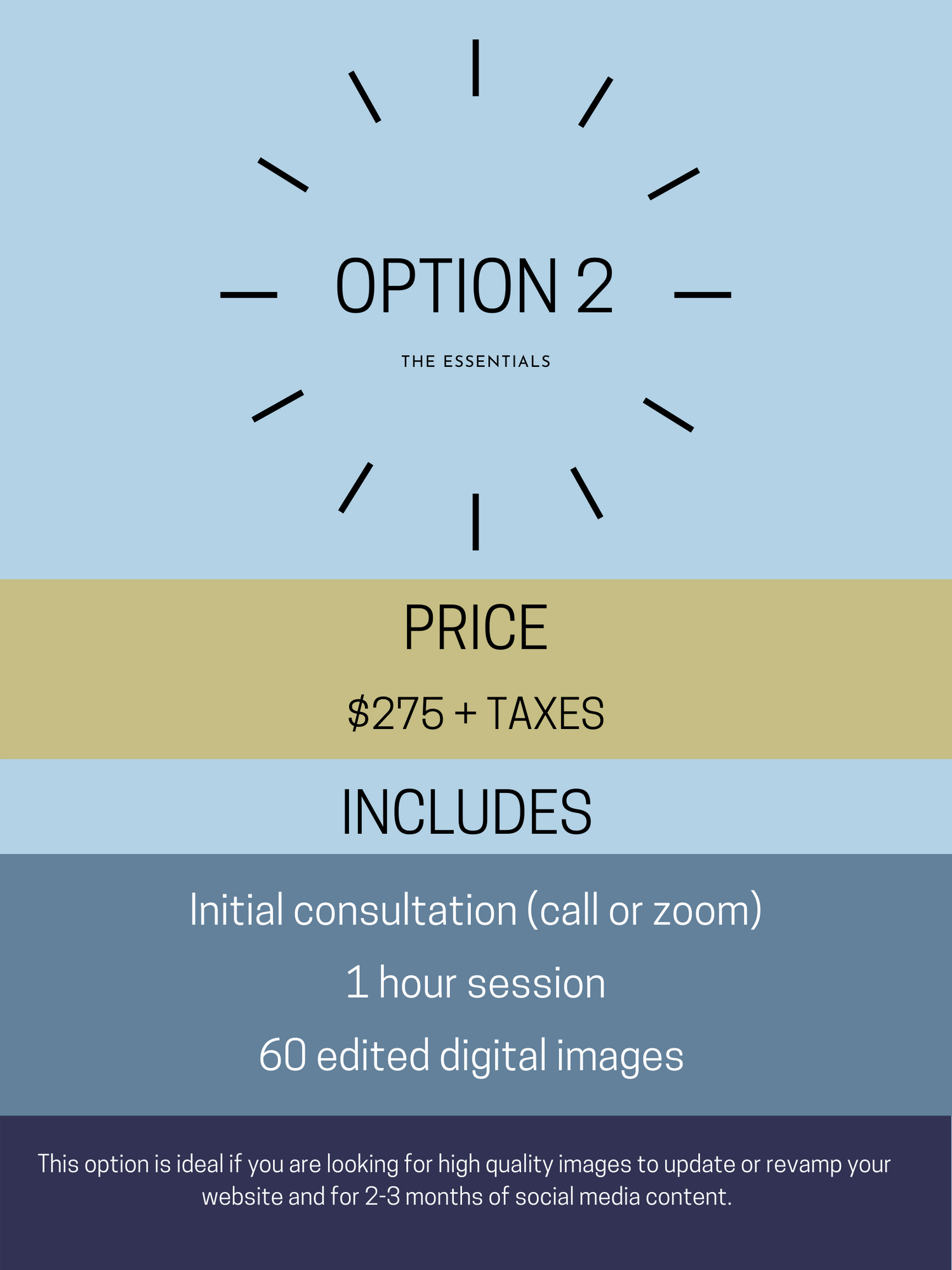 Photography pricing package showing essentials tier at $275 including consultation and 1-hour session.
