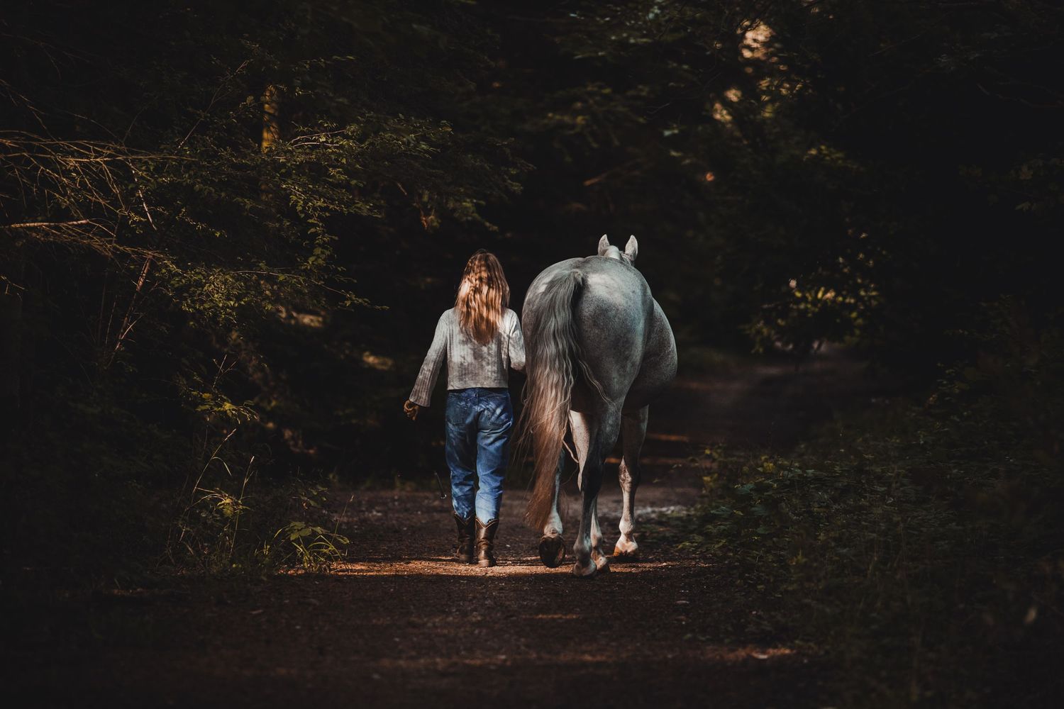 Walking together with a white horse along a dark forest path.
