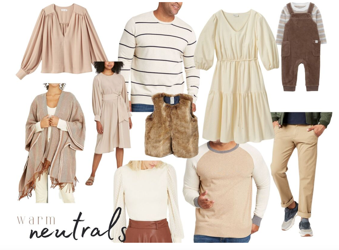A collection of neutral-colored clothing items arranged in a coordinated family photo style guide.