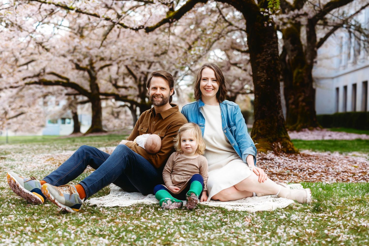 Family of 4 lifestyle session under the cherry blossom tress Captiol Buliding Olympia Washington