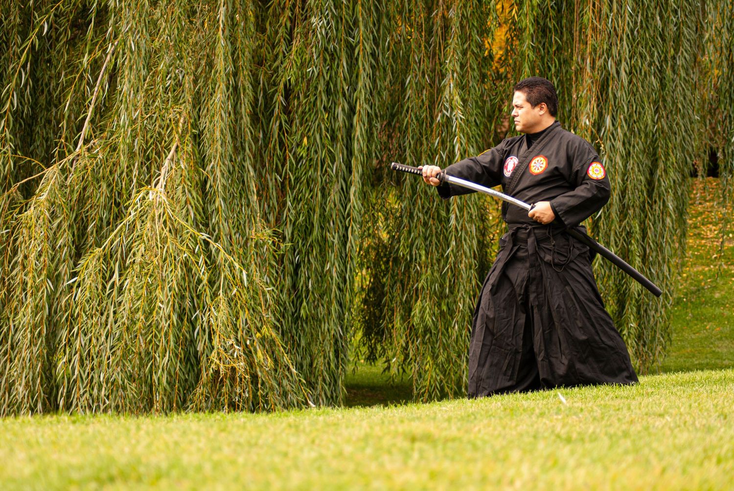 Man pulling Katana sword out of Scabbard posing in front of willow trees
