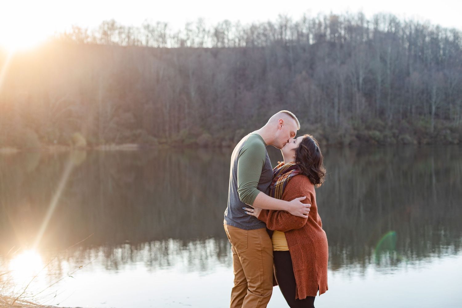 Series of romantic photos captured at a lakeside during golden hour.
