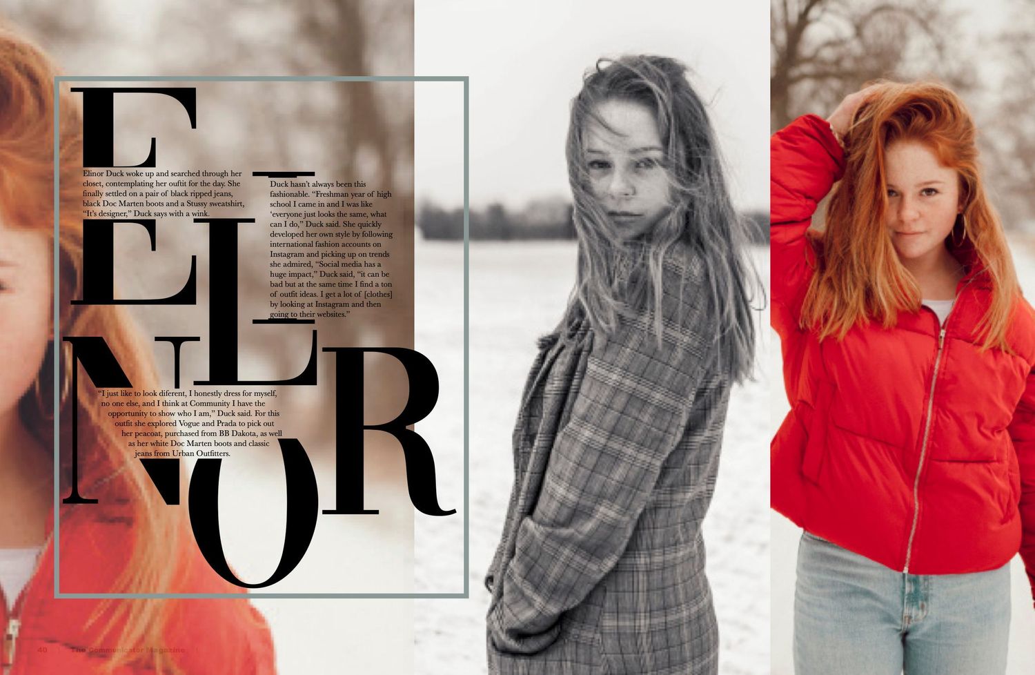 Fashion editorial layout featuring three different styled portraits in red and gray tones.