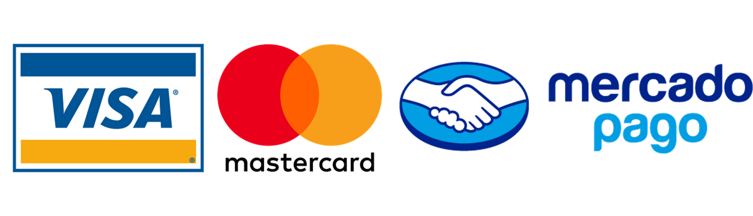Row of payment system logos featuring Visa, Mastercard and Mercado Pago.