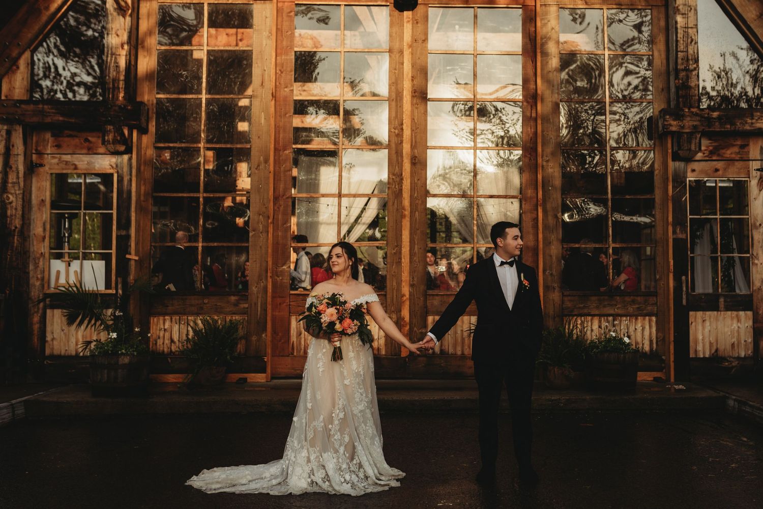 Bride and groom romantic portrait during golden hour at le Pont couvert wedding venue