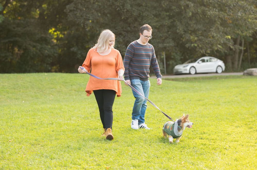 A couple walks their small dog together on a grassy field with a car visible in background.