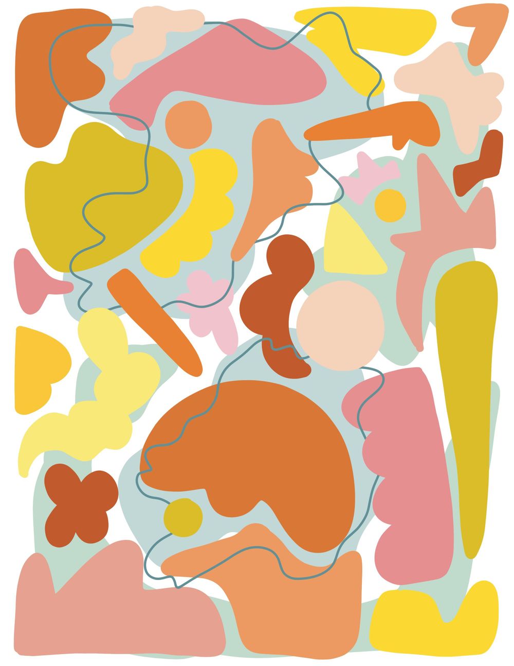 Colorful abstract art with organic shapes in yellow, orange, pink, and mint tones on white background.