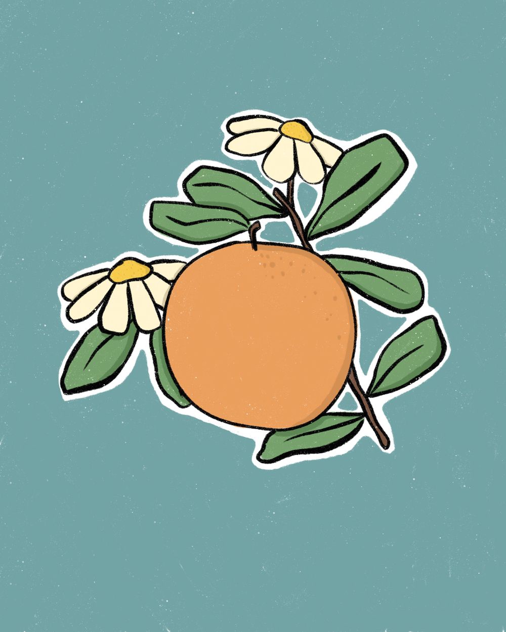 Illustrated sticker of an orange fruit with white daisy flowers and green leaves on teal background.