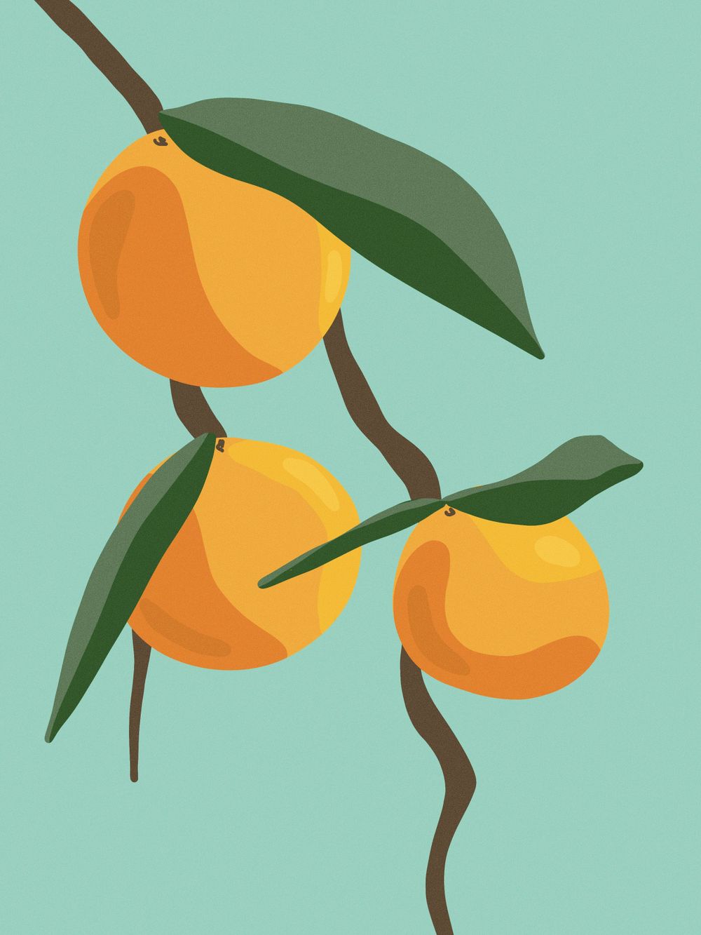 Colorful digital illustration of three yellow-orange fruits hanging on branches with green leaves on teal background.