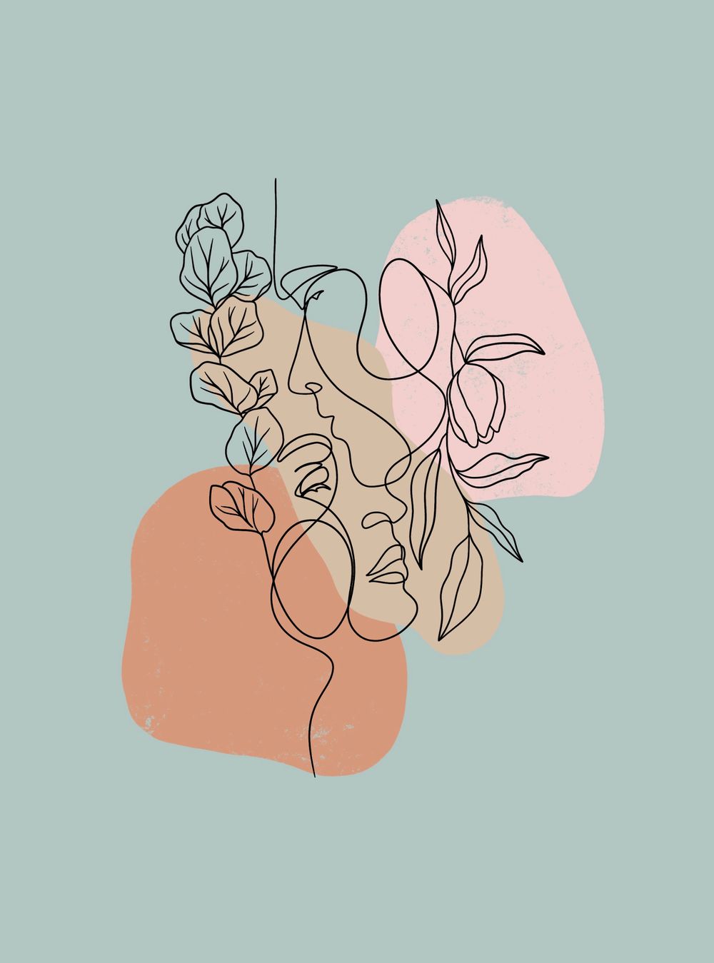 Minimalist line art of two faces with botanical elements on a sage green background with pastel shapes.