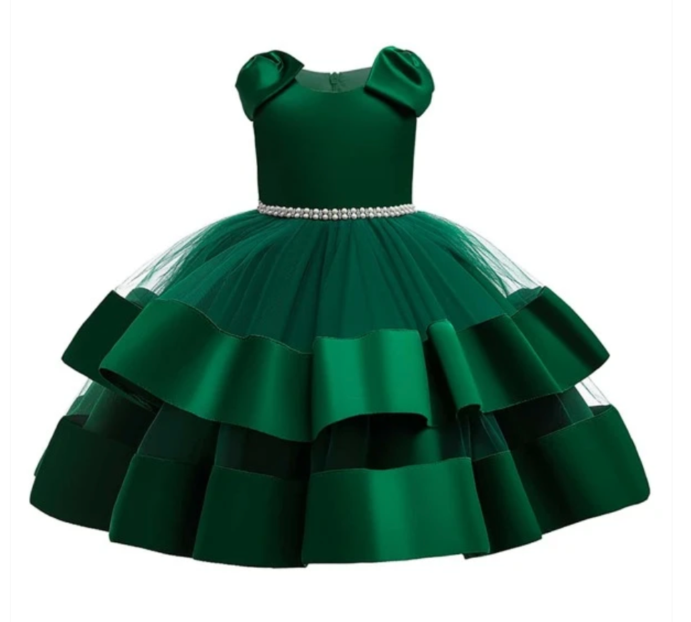 Emerald green formal dress with pearl belt detail and layered satin ruffles.