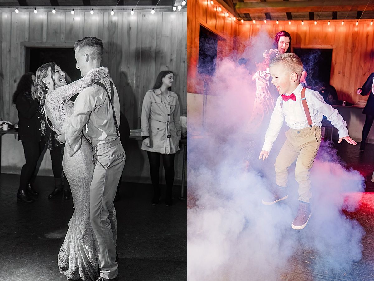 Photos of bride and groom and excited child dancing with fog machine at wedding