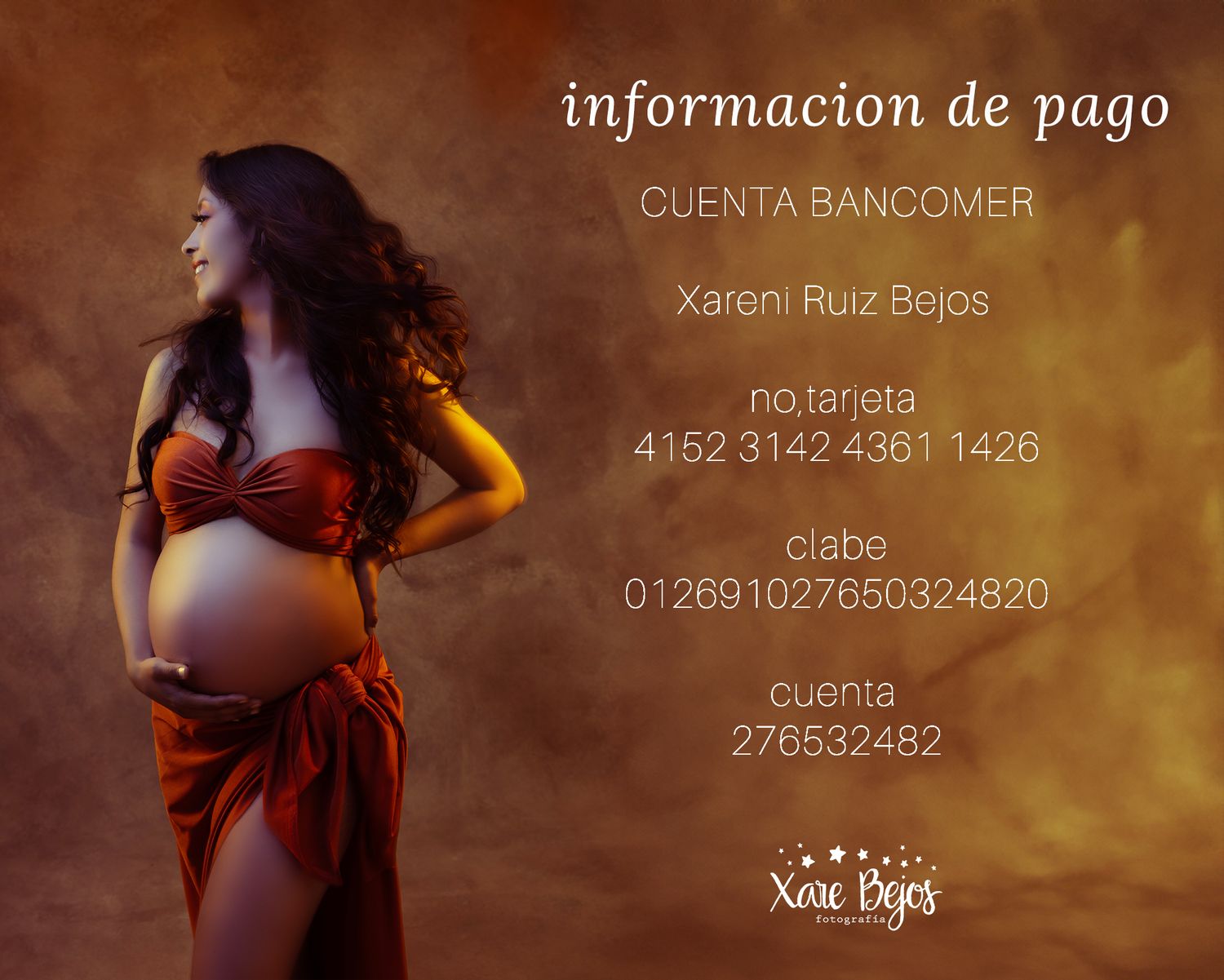 Artistic pregnancy photo with banking information overlay on warm toned background.