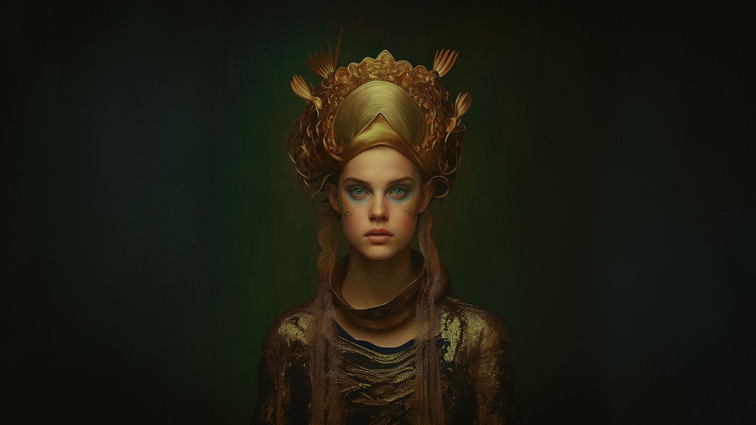 Medieval-inspired portrait with ornate headpiece and ethereal lighting.