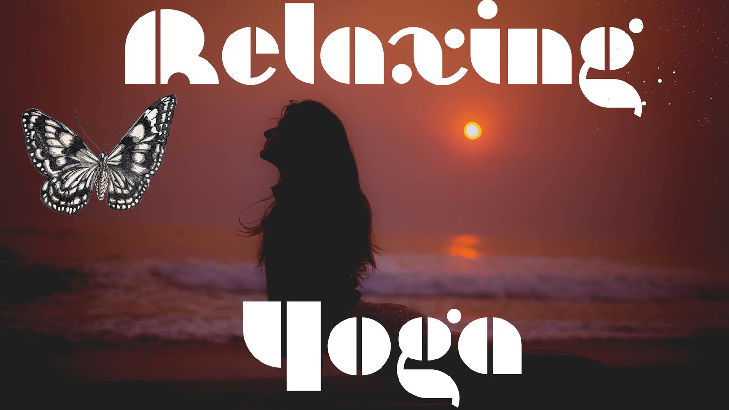 Silhouette yoga text design with butterfly and sunset ocean background.