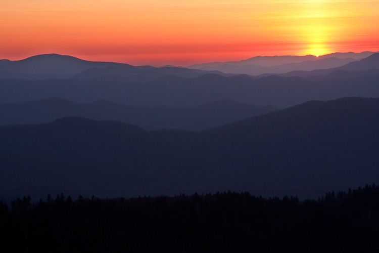Sunset over mountains of Great Smoky Mountains National Park, Tennessee from Clingman's Dome