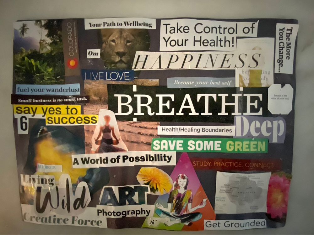 Vision board collage featuring inspirational words like 'Breathe' and 'Success' against a dark background.